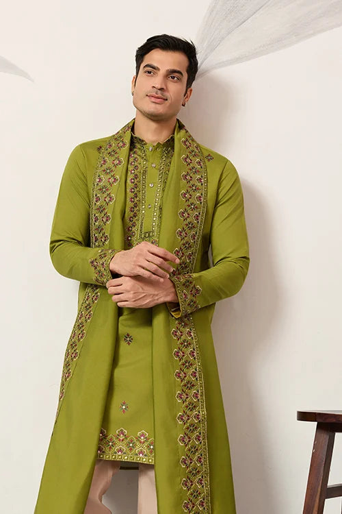 Classic Wedding Fluorescent Green Mens Wear Kurta with Dupatta Clothsvilla