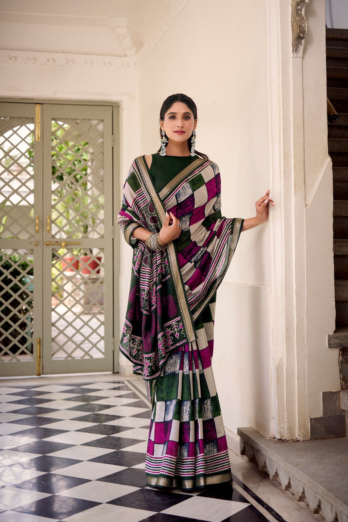 Green Elegant Chanderi Printed Saree with Temple Border & Matching Blouse ClothsVilla