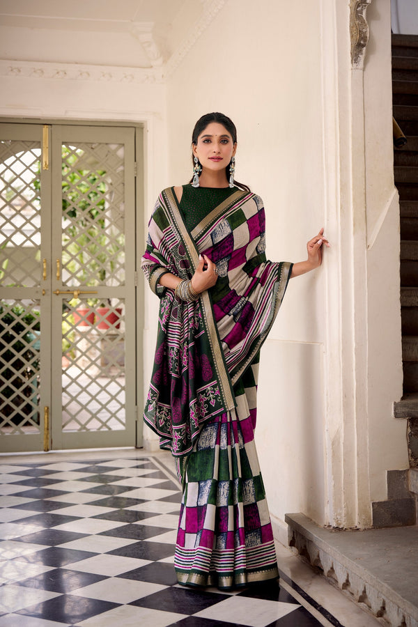 Green Elegant Chanderi Printed Saree with Temple Border & Matching Blouse ClothsVilla