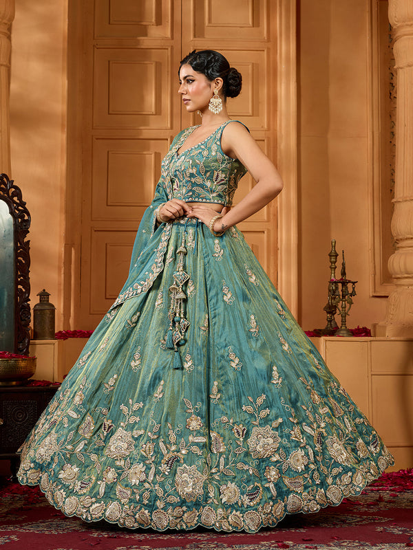 Green Elegant Tissue Lehenga Choli with Matching Dupatta – Sequins, Stones & Thread Embroidery Festive & Party Wear ClothsVilla