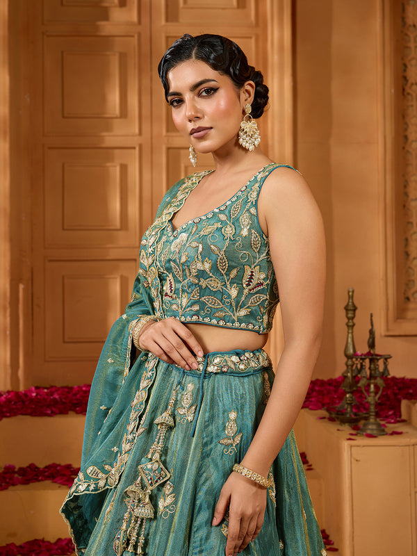 Green Elegant Tissue Lehenga Choli with Matching Dupatta – Sequins, Stones & Thread Embroidery Festive & Party Wear ClothsVilla