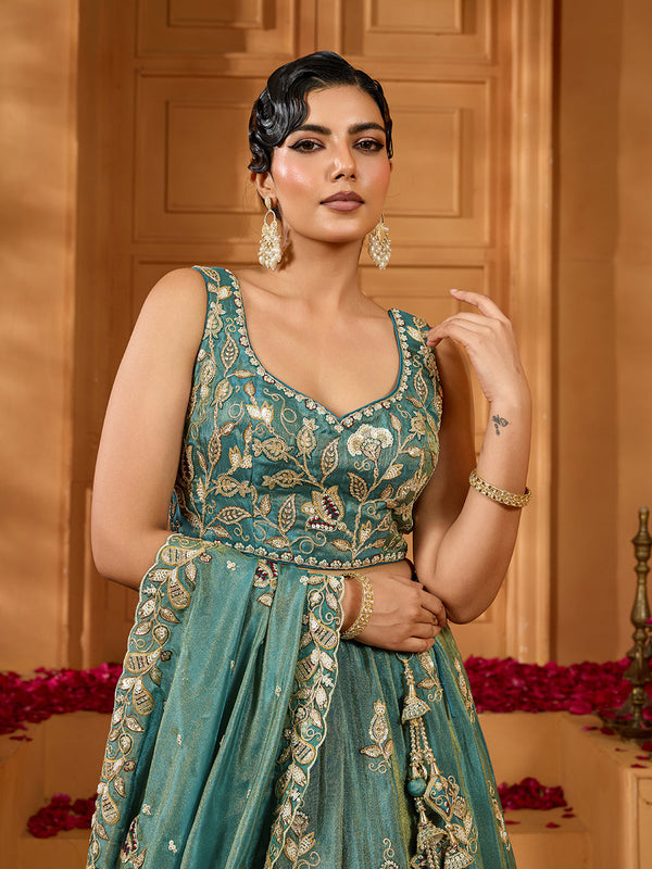 Green Elegant Tissue Lehenga Choli with Matching Dupatta – Sequins, Stones & Thread Embroidery Festive & Party Wear ClothsVilla