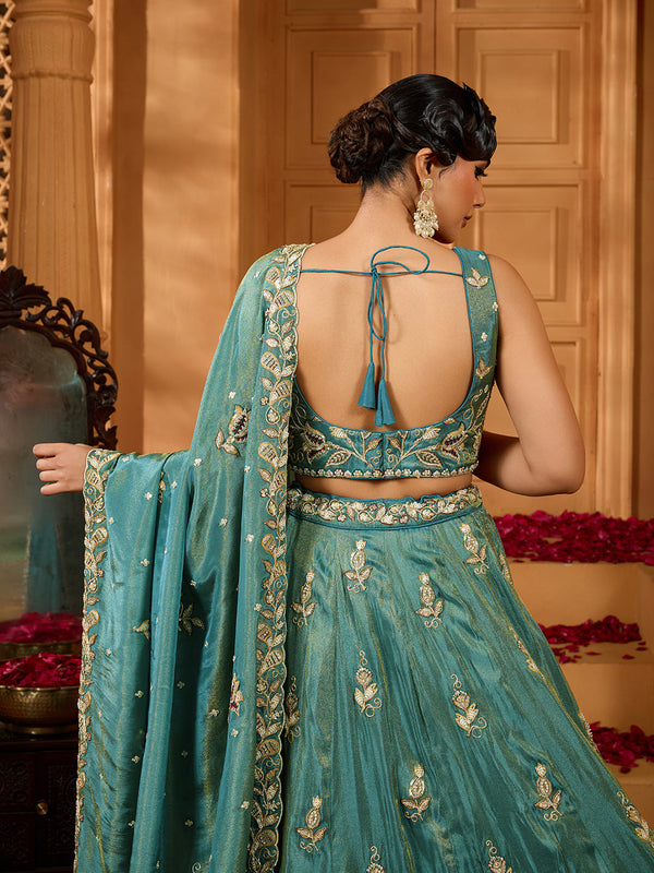 Green Elegant Tissue Lehenga Choli with Matching Dupatta – Sequins, Stones & Thread Embroidery Festive & Party Wear ClothsVilla