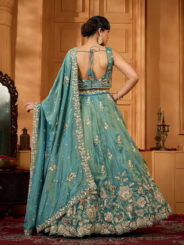 Green Elegant Tissue Lehenga Choli with Matching Dupatta – Sequins, Stones & Thread Embroidery Festive & Party Wear ClothsVilla