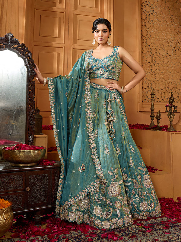 Green Elegant Tissue Lehenga Choli with Matching Dupatta – Sequins, Stones & Thread Embroidery Festive & Party Wear ClothsVilla