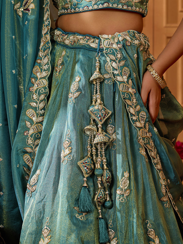 Green Elegant Tissue Lehenga Choli with Matching Dupatta – Sequins, Stones & Thread Embroidery Festive & Party Wear ClothsVilla