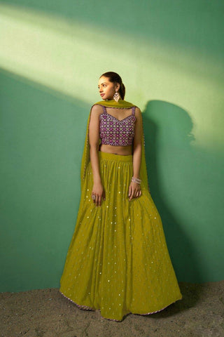 Green Georgette Sequins Embroidered Lehenga Set with Lace Dupatta ClothsVilla