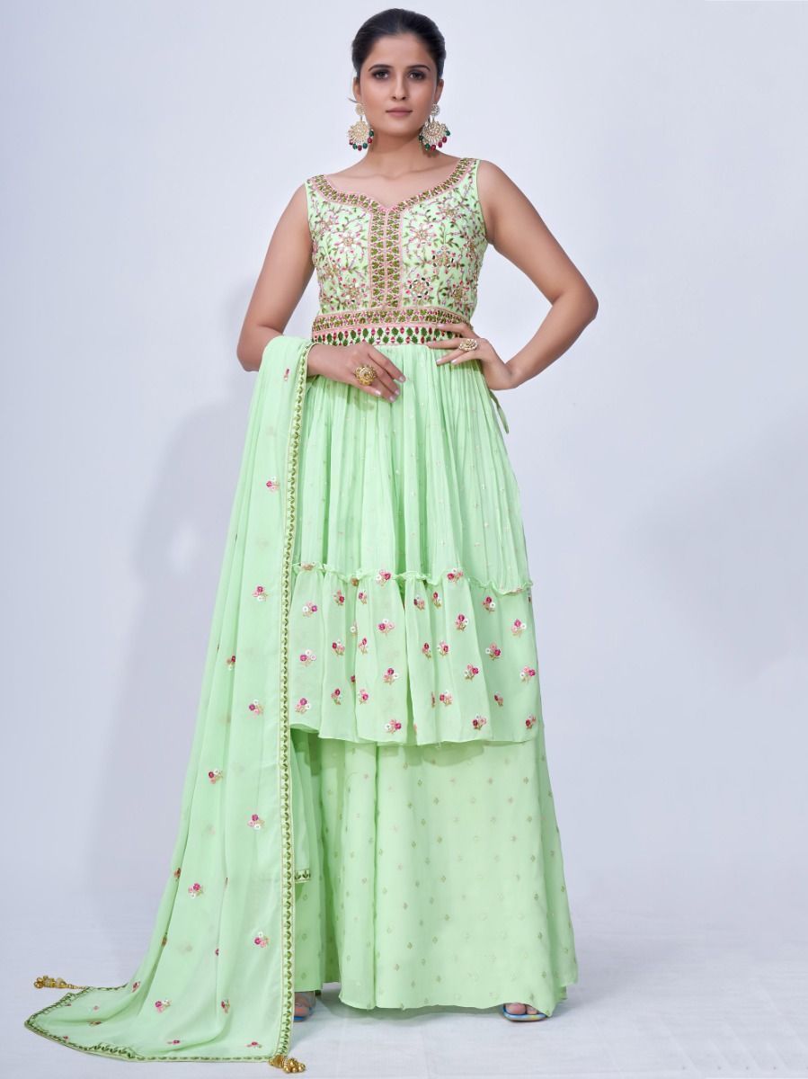 Green Mirror Work Multi Embroidery Chiffon Palazzo Suit Clothsvilla Main image