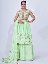 Load image into Gallery viewer, Green Mirror Work Multi Embroidery Chiffon Palazzo Suit Clothsvilla