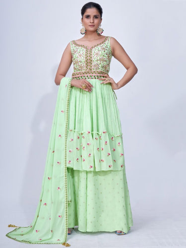 Green Mirror Work Multi Embroidery Chiffon Palazzo Suit Clothsvilla