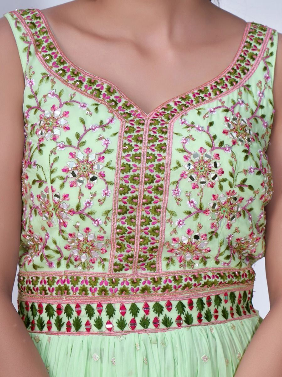 Green Mirror Work Multi Embroidery Chiffon Palazzo Suit Clothsvilla