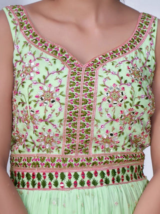 Green Mirror Work Multi Embroidery Chiffon Palazzo Suit Clothsvilla