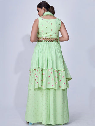 Green Mirror Work Multi Embroidery Chiffon Palazzo Suit Clothsvilla