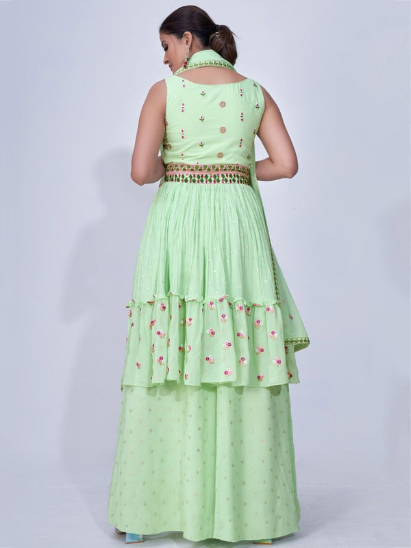 Green Mirror Work Multi Embroidery Chiffon Palazzo Suit Clothsvilla
