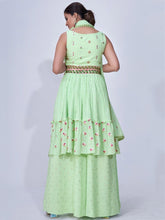 Load image into Gallery viewer, Green Mirror Work Multi Embroidery Chiffon Palazzo Suit Clothsvilla