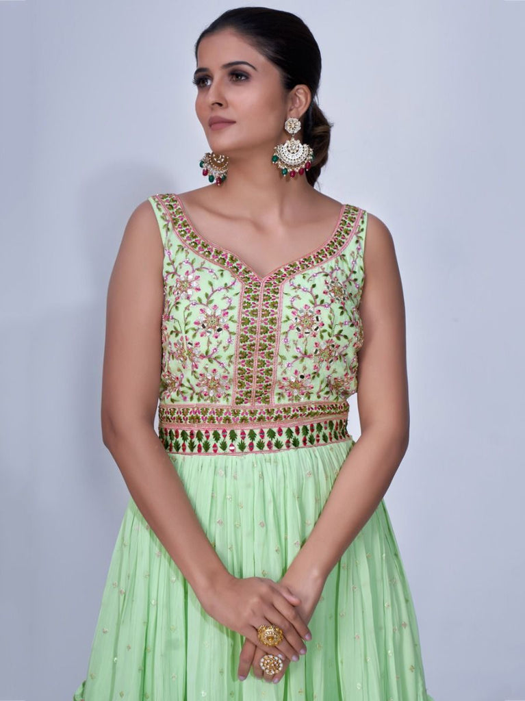 Green Mirror Work Multi Embroidery Chiffon Palazzo Suit Clothsvilla