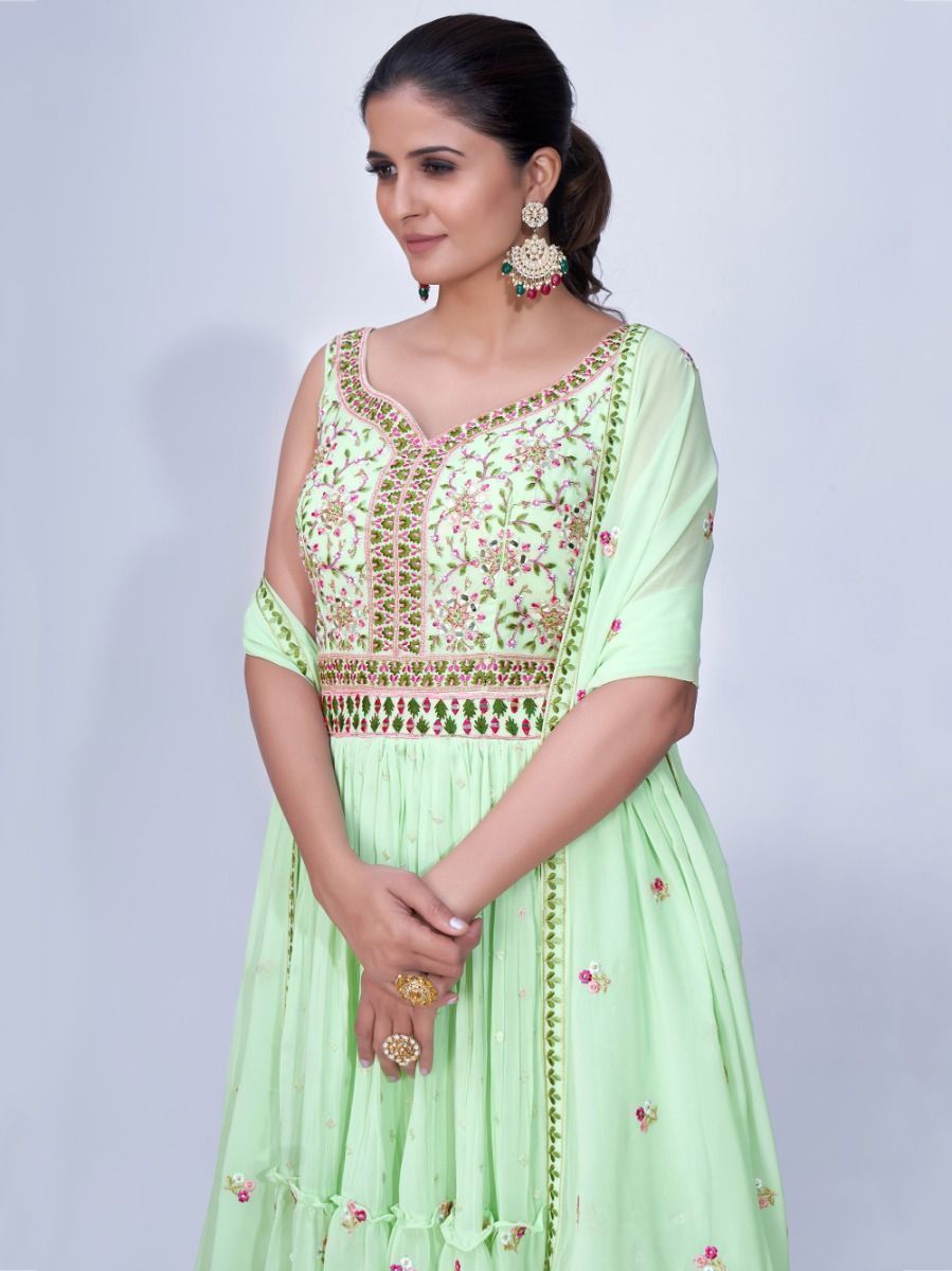 Green Mirror Work Multi Embroidery Chiffon Palazzo Suit Clothsvilla