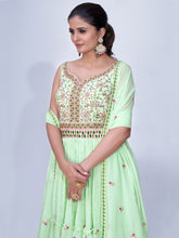 Load image into Gallery viewer, Green Mirror Work Multi Embroidery Chiffon Palazzo Suit Clothsvilla