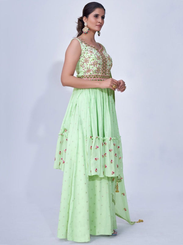 Green Mirror Work Multi Embroidery Chiffon Palazzo Suit Clothsvilla