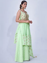 Load image into Gallery viewer, Green Mirror Work Multi Embroidery Chiffon Palazzo Suit Clothsvilla
