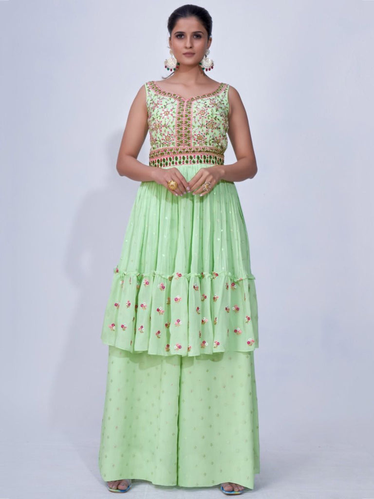 Green Mirror Work Multi Embroidery Chiffon Palazzo Suit Clothsvilla