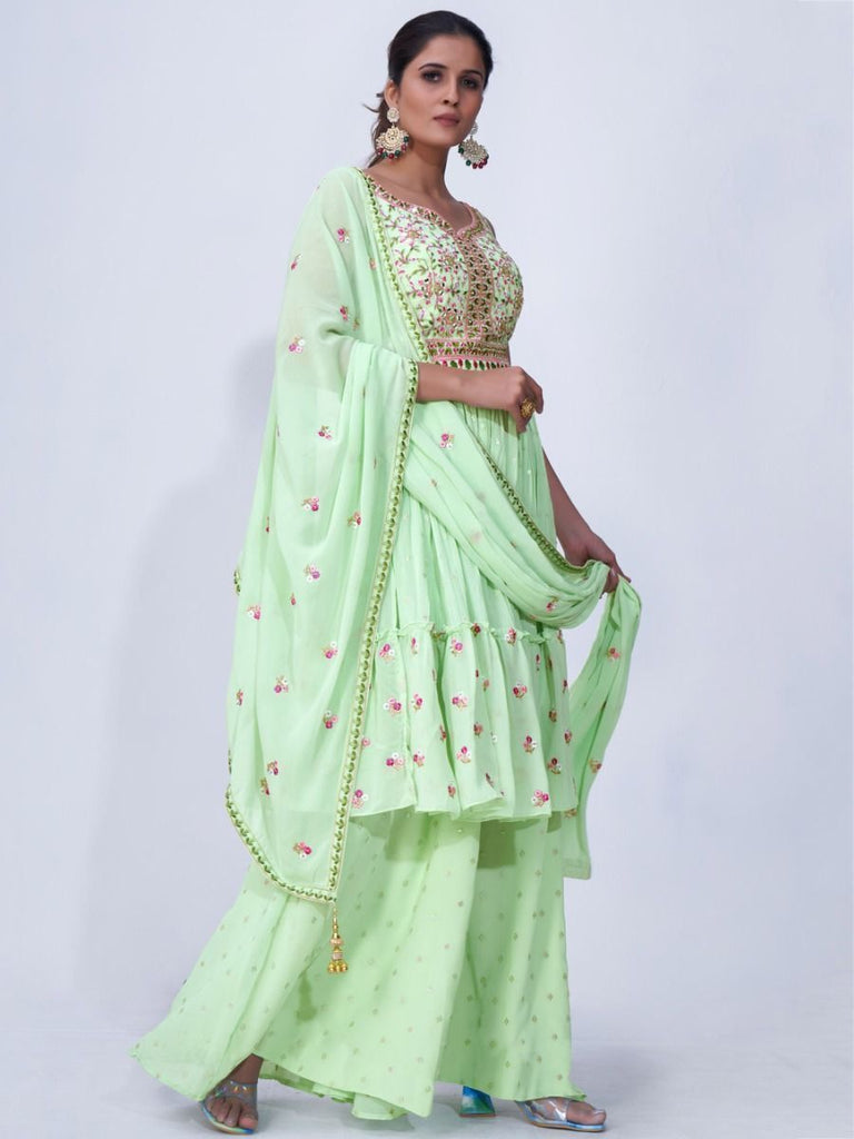 Green Mirror Work Multi Embroidery Chiffon Palazzo Suit Clothsvilla