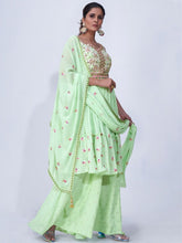 Load image into Gallery viewer, Green Mirror Work Multi Embroidery Chiffon Palazzo Suit Clothsvilla