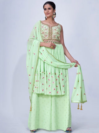 Green Mirror Work Multi Embroidery Chiffon Palazzo Suit Clothsvilla