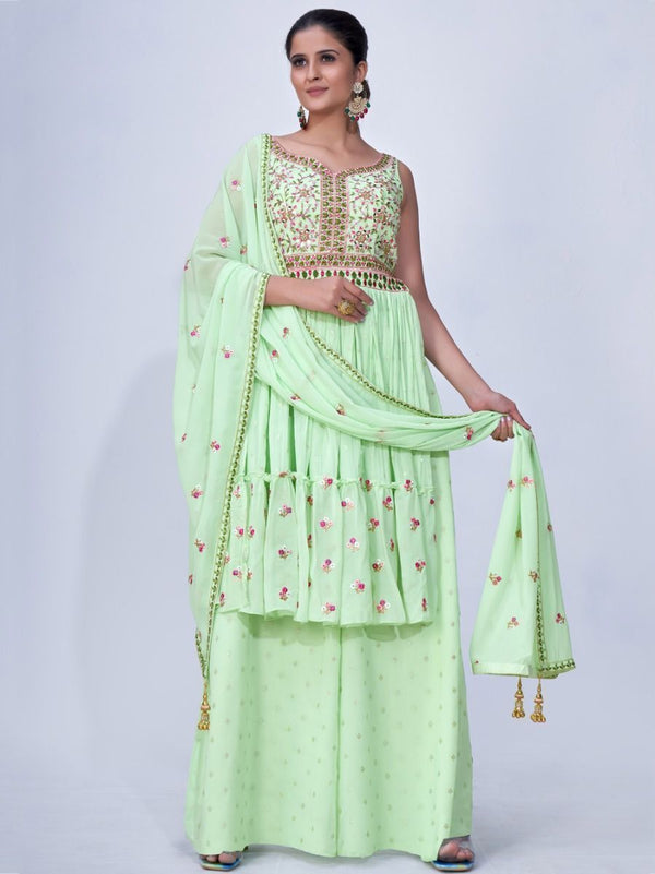 Green Mirror Work Multi Embroidery Chiffon Palazzo Suit Clothsvilla