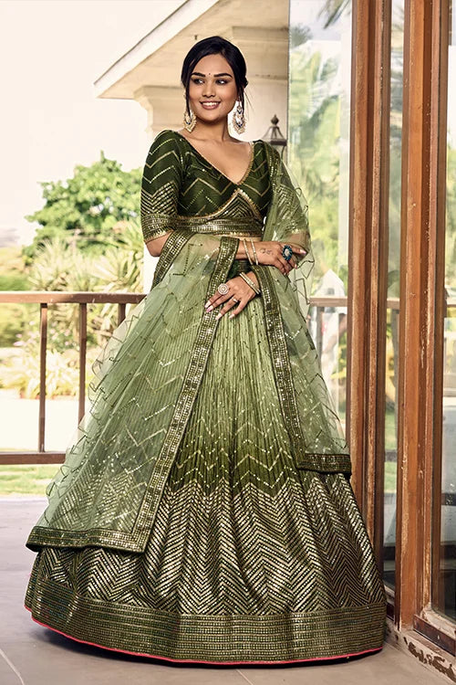Green Sequins Embroidery Work Wedding Wear Lehenga Choli Clothsvilla
