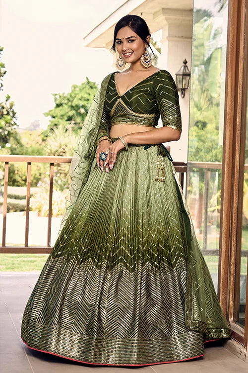 Green Sequins Embroidery Work Wedding Wear Lehenga Choli Clothsvilla