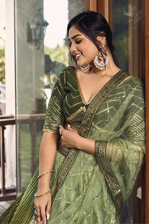 Green Sequins Embroidery Work Wedding Wear Lehenga Choli Clothsvilla