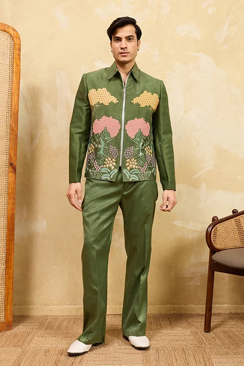 Regal Green Bomber Jacket with Thread Work and Pant for Mens Clothsvilla
