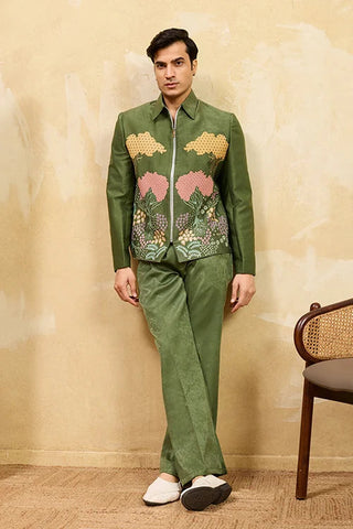 Regal Green Bomber Jacket with Thread Work and Pant for Mens Clothsvilla