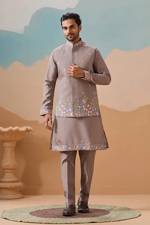 Elegant Grey Embroidered Koti Kurta Pant for Mens Clothsvilla