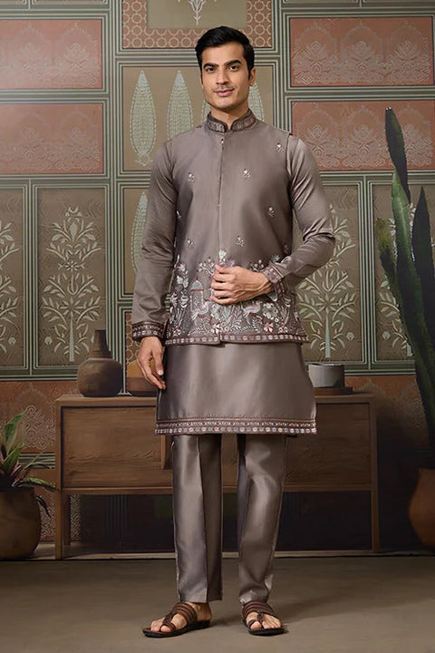 Grey Embroidered Koti Kurta Set for Mens Wear Clothsvilla Main image