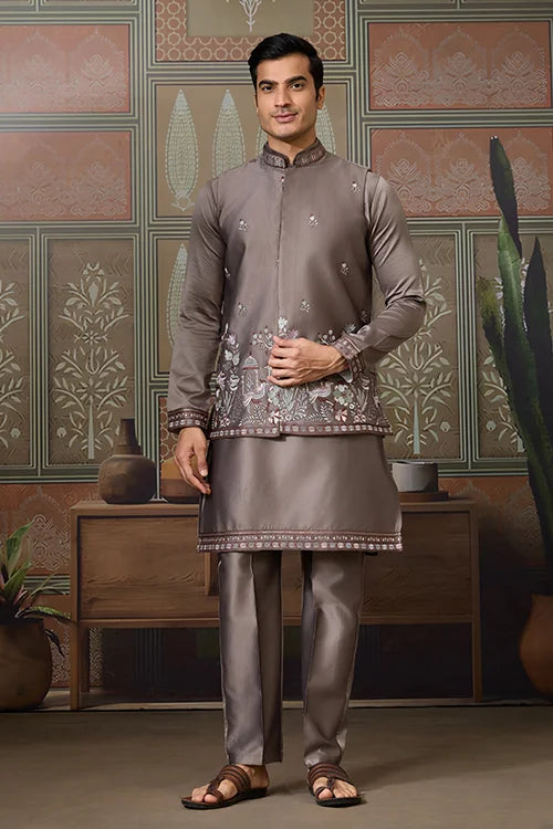 Grey Embroidered Koti Kurta Set for Mens Wear Clothsvilla