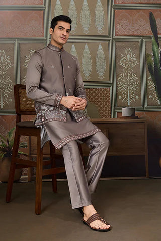 Grey Embroidered Koti Kurta Set for Mens Wear Clothsvilla