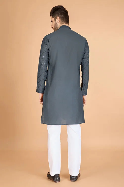 Designer Grey Sequence Embroidered Gents Kurta Clothsvilla