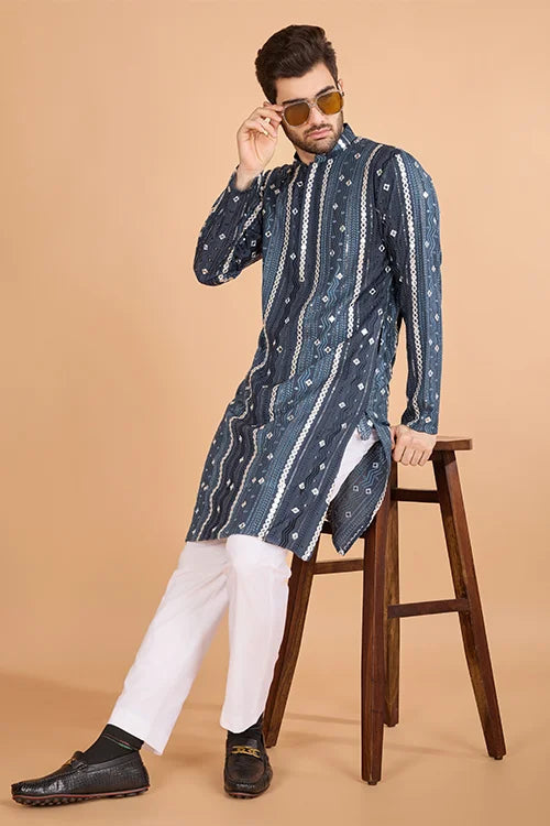 Grey Sequence with Mirror Foil Embroidered Mens Wear Kurta Clothsvilla