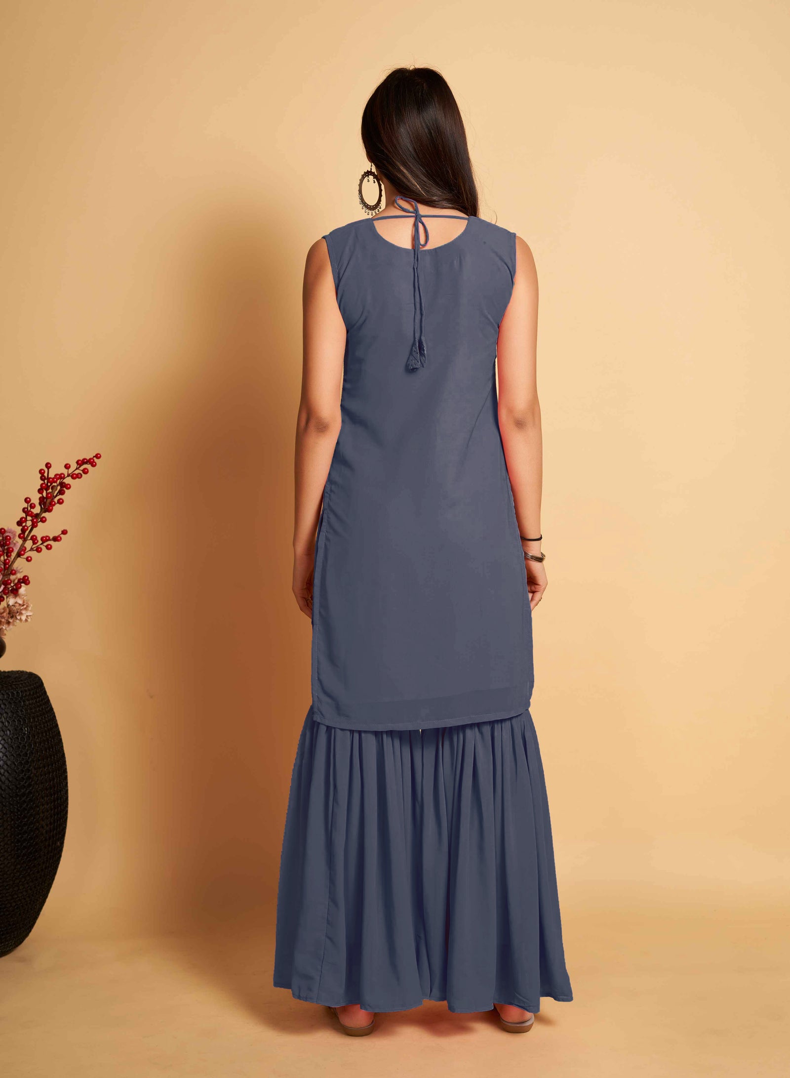 Stunning Grey Designer Sharara Kurti Dupatta Set - Embroidered Faux Georgette & Georgette ClothsVilla