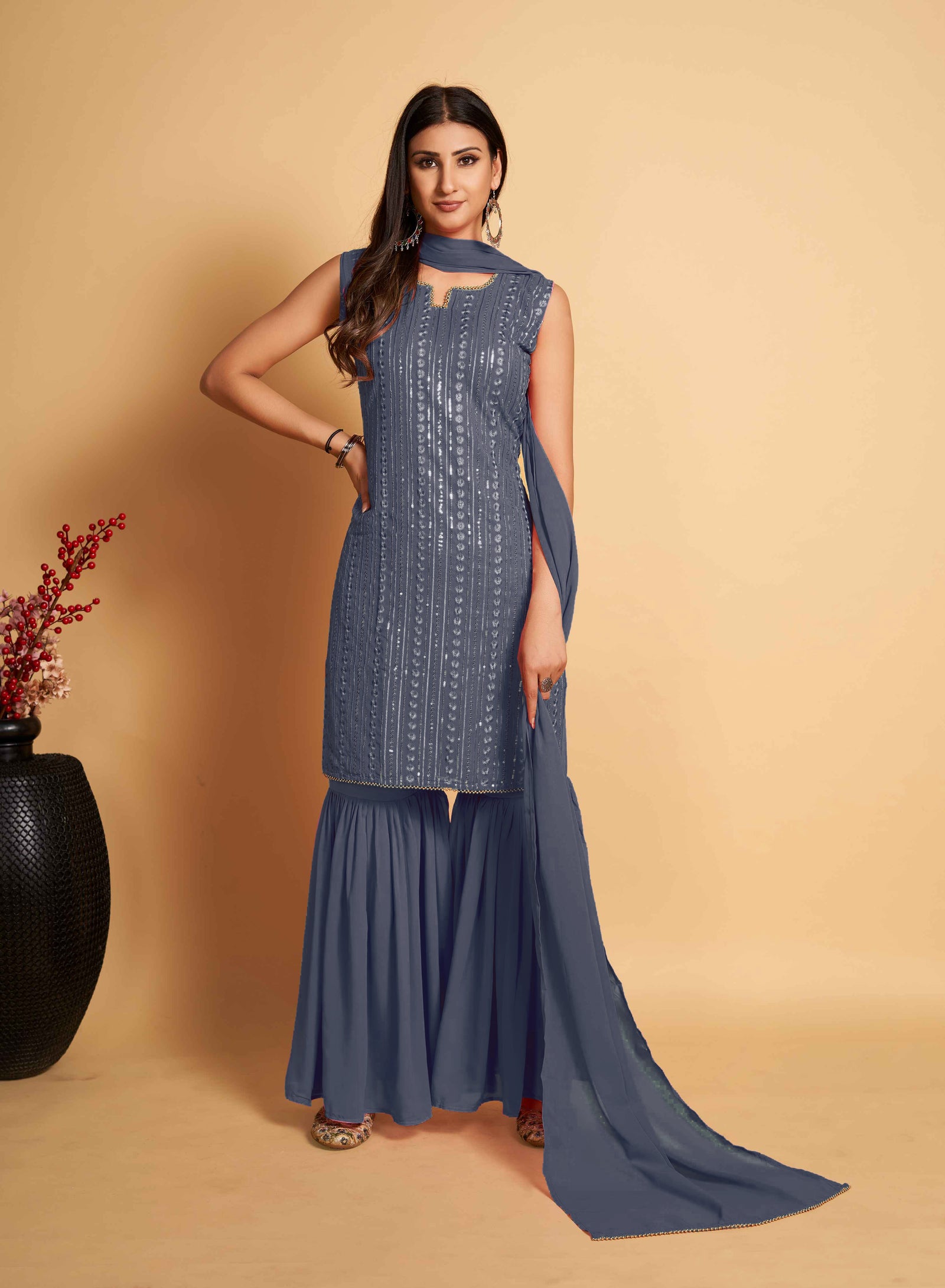 Stunning Grey Designer Sharara Kurti Dupatta Set - Embroidered Faux Georgette & Georgette ClothsVilla