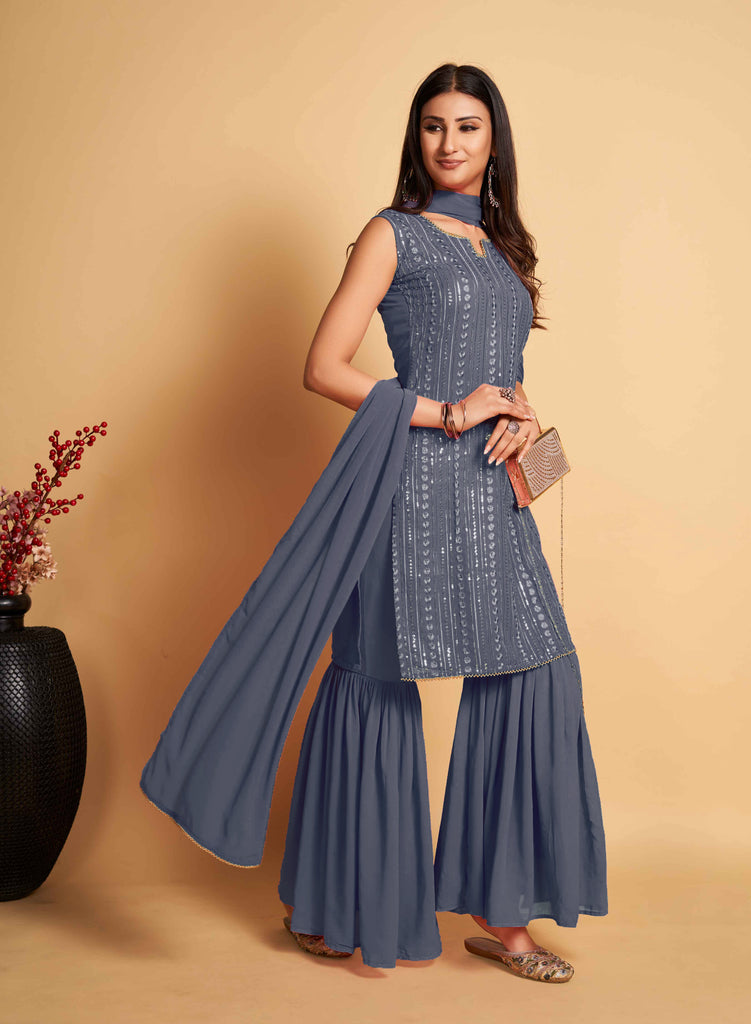 Stunning Grey Designer Sharara Kurti Dupatta Set - Embroidered Faux Georgette & Georgette ClothsVilla