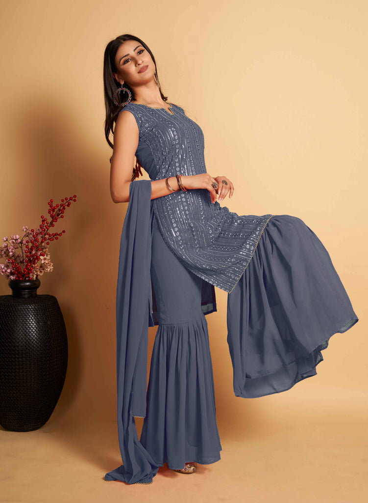Stunning Grey Designer Sharara Kurti Dupatta Set - Embroidered Faux Georgette & Georgette ClothsVilla