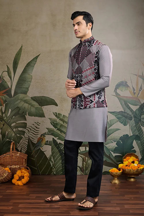 Designer and Stylish Grey Men's Kurta Koti Set for Men Clothsvilla