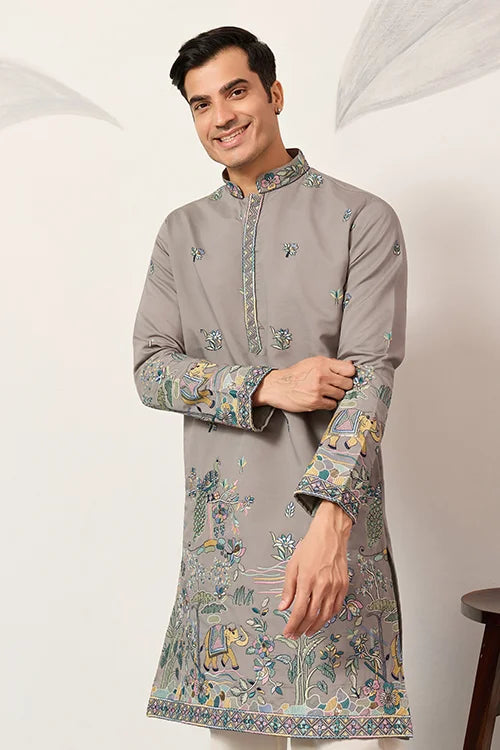 Wedding Traditional Look Grey Kurta for Mens Wear Clothsvilla