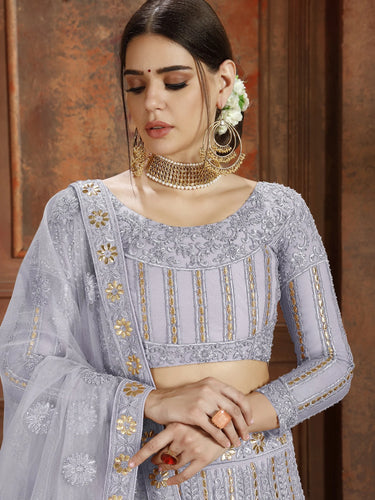 Grey Embroidered Net Semi Stitched Lehenga Clothsvilla