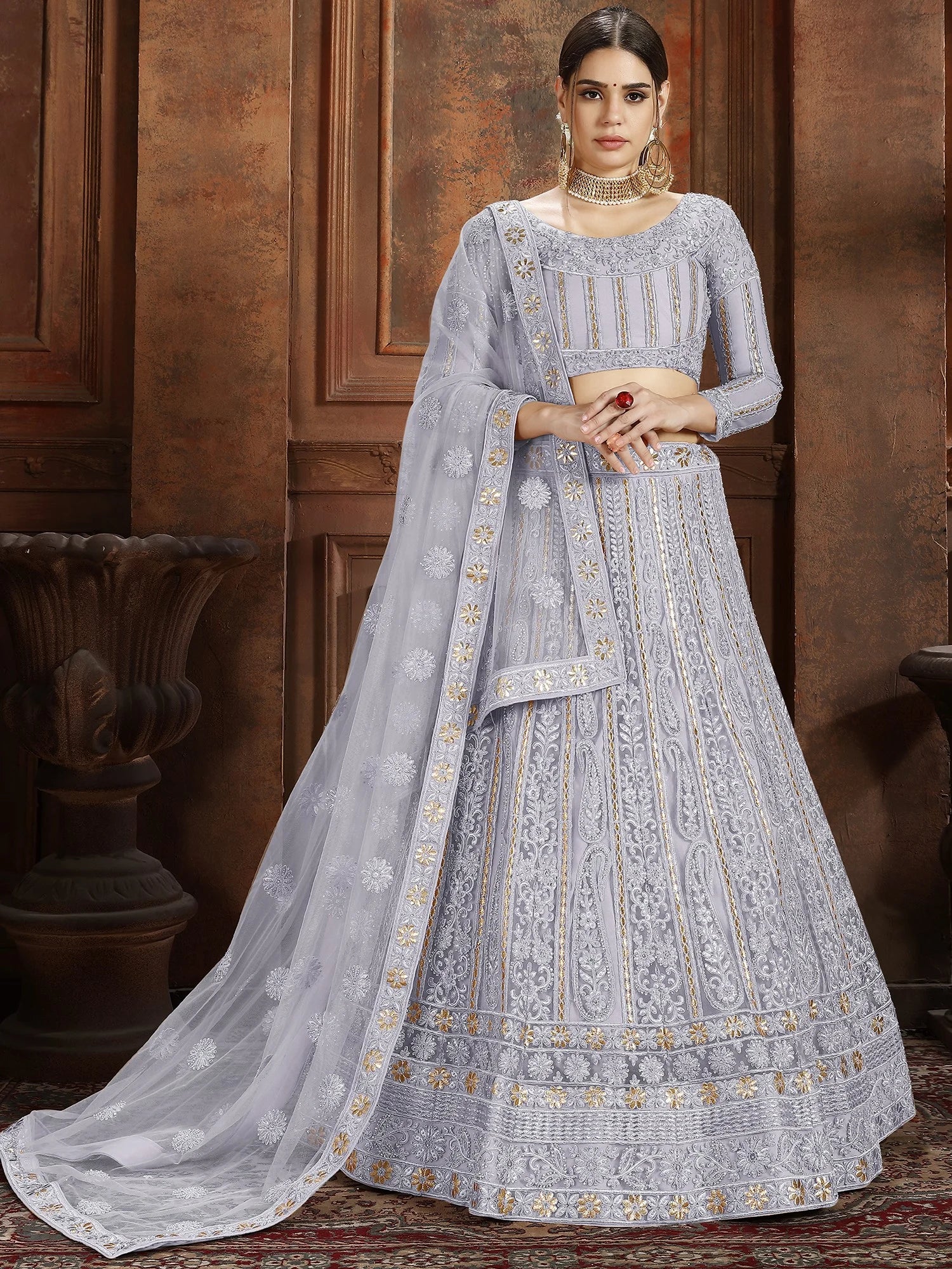 Grey Embroidered Net Semi Stitched Lehenga Clothsvilla Main image