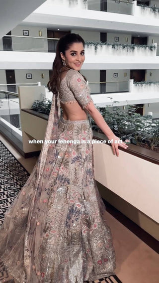 Grey Kasturi Silk Embroidered Lehenga Set with Tassel Blouse & Net Dupatta ClothsVilla