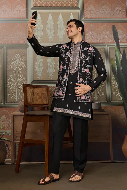 Black Mens Kurta with Stylish Koti for Wedding Wear Clothsvilla